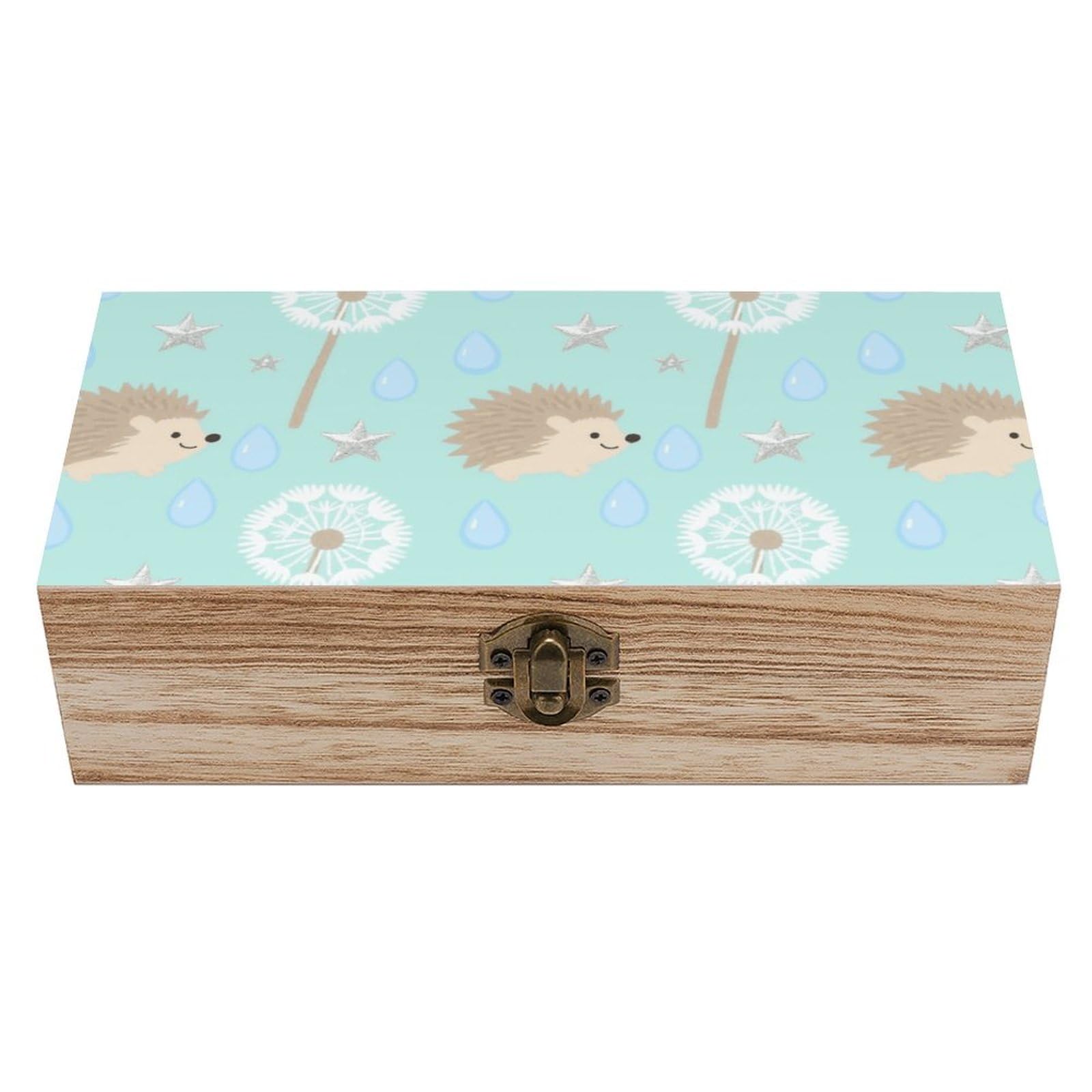 Mint Hedgehog Dandelion Wooden Storage Box Wooden Keepsake Box with Hinged Lid Vintage Rustic Chest Wood Jewelry Boxes for Jewelry, Photos, Memorabilia, Home Decor And Craft Organization
