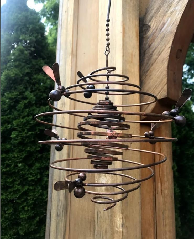 Honey Bee Spiral Hanging Spinner – Copper Color Metal Wind Mobile for Garden, Patio, Yard, or Porch – Outdoor Decorative Kinetic Art – Labor Day Seasonal Yard Ornament