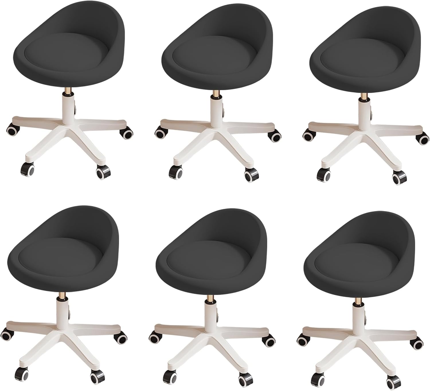 Rolling Stool Set of 6 Ergonomic Swivel Seat, Adjustable Height, Ultra-Quiet Wheels, Padded PU Leather Cushion, for Salon, Office, Massage & Medical Use Black