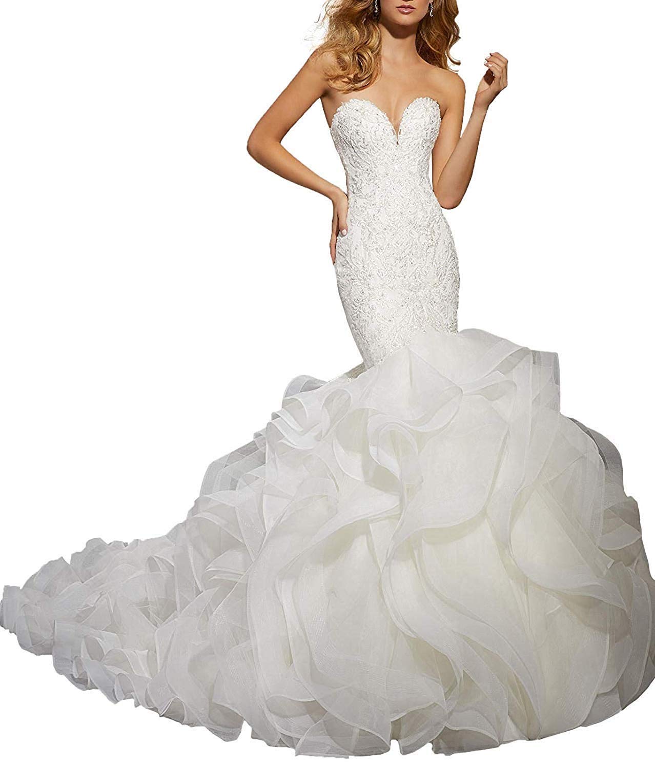 Women's Sweetheart Mermaid Wedding Dresses for Bride 2020 Organza Ruffles Bridal Gowns