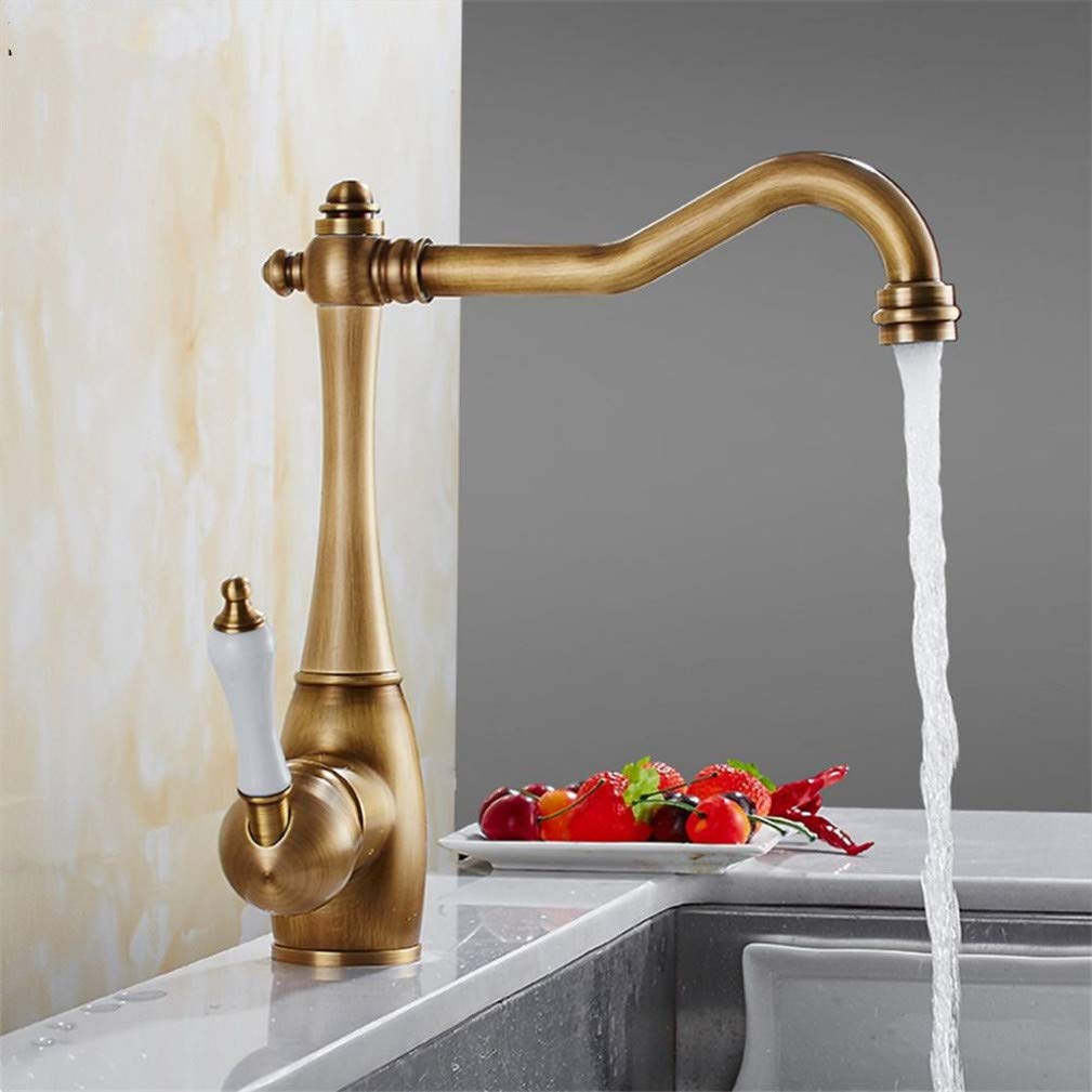 Grifo mezclador de agua fría y caliente, montaje en cubierta, mango único, giratorio de 360 grados con aireador, estilo retro