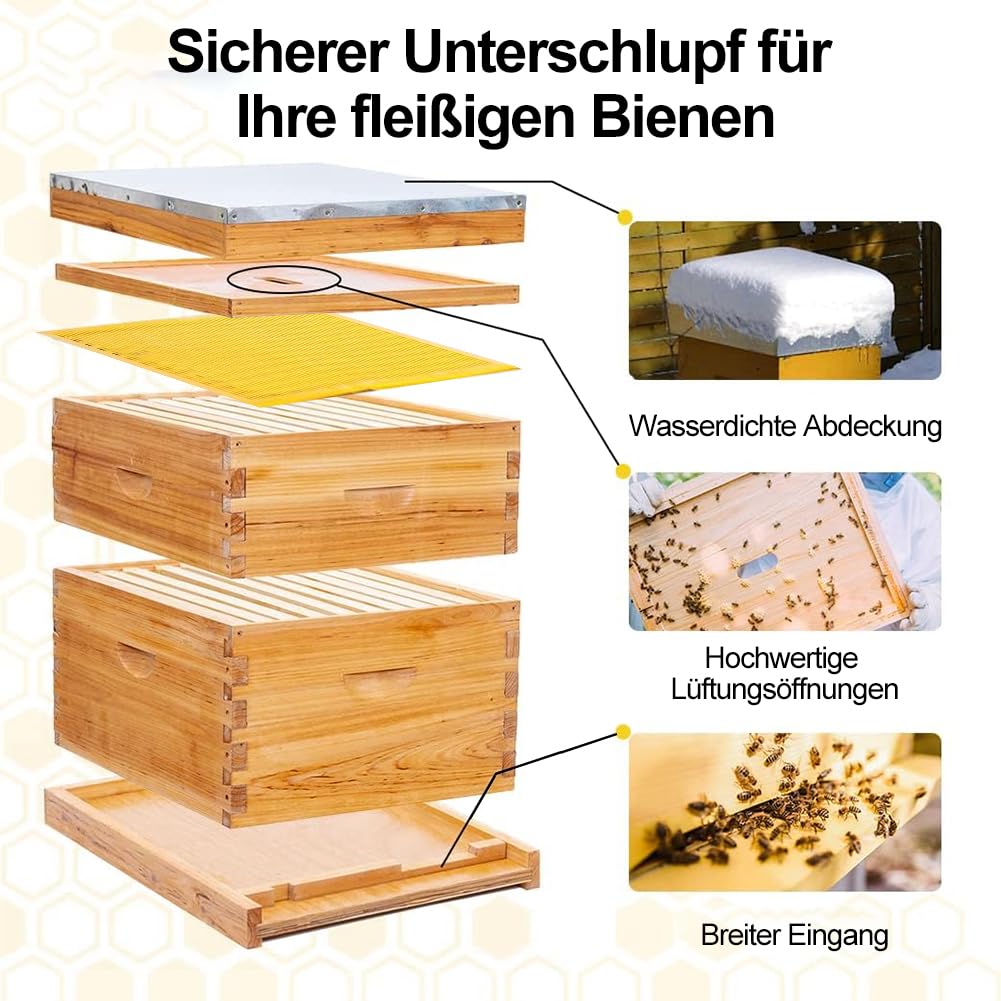 Bienenstock-Starterset,10 Rahmen Bienenstock Bienenwachs Beschichtet BienenstöCke FüR Alle Imkerei Ebenen Komplette Bienenstock Kit EnthäLt 1 Tief Boxen 1 Medium Box Frames Und Stiftung BläTter