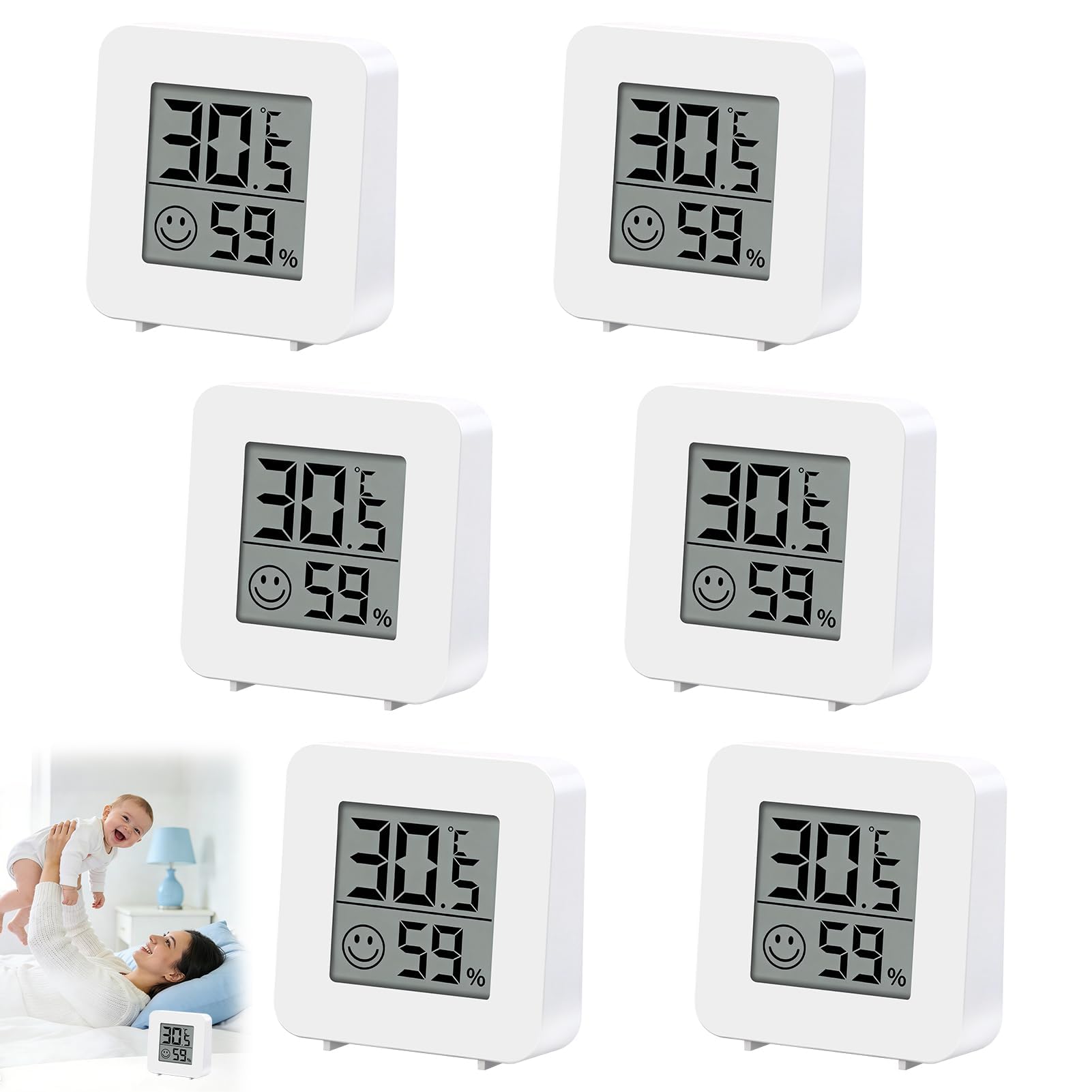 6 Pack Digital Room Thermometer Indoor Mini Temperature Humidity Meter Large LCD Display Thermometer Hygrometer Gauge Monitor for Home Office Nursery Greenhouse Garden, White