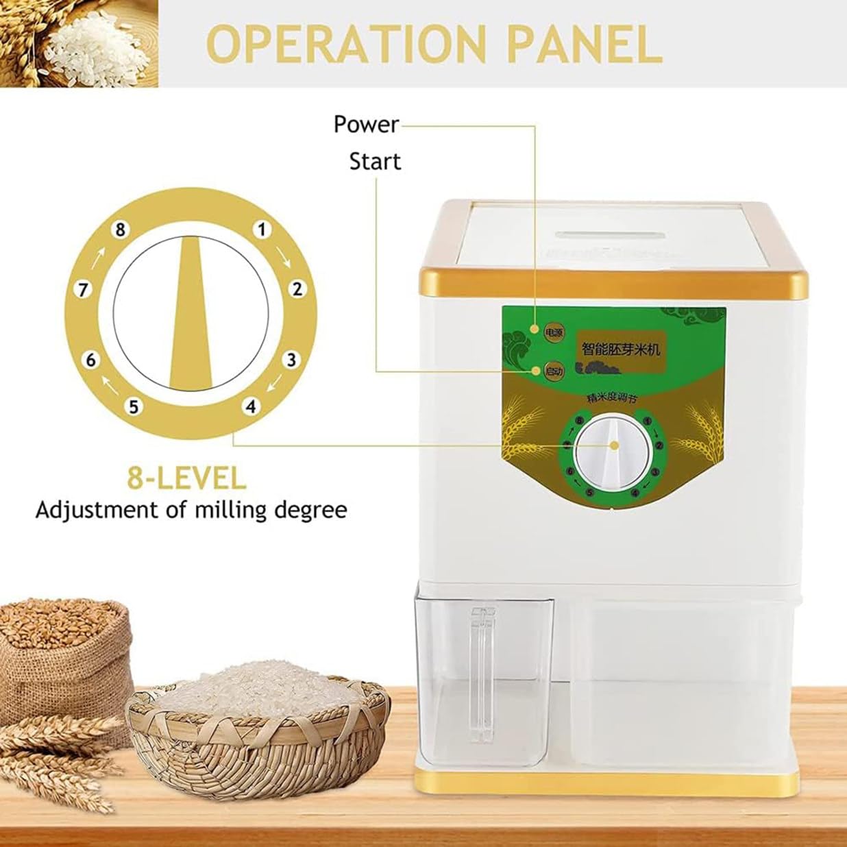 Smerigliatrice elettrica per riso e fresatrice, 8 ingranaggi automatico per sbucciare grano e riso, smerigliatrice per cereali ad alte prestazioni per riso marrone chiaro e germe, funzionamento