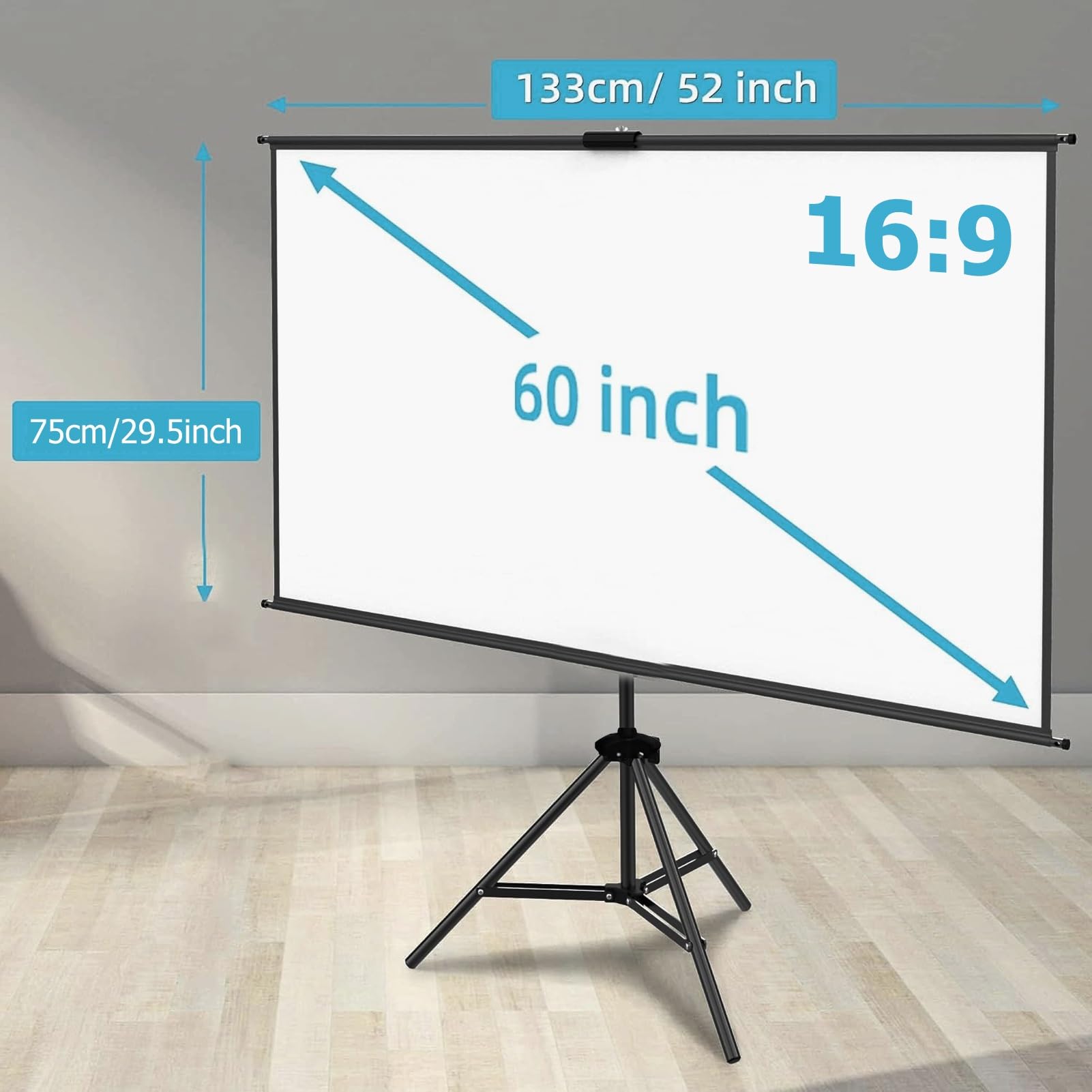 Schermo Proiettore con Treppiede, 4K HD Formato 16:9 Telo per Proiettore Leggera e Compatta, Grandangolo di 160 Gradi, per Casa, Home, Cinema, Esterno