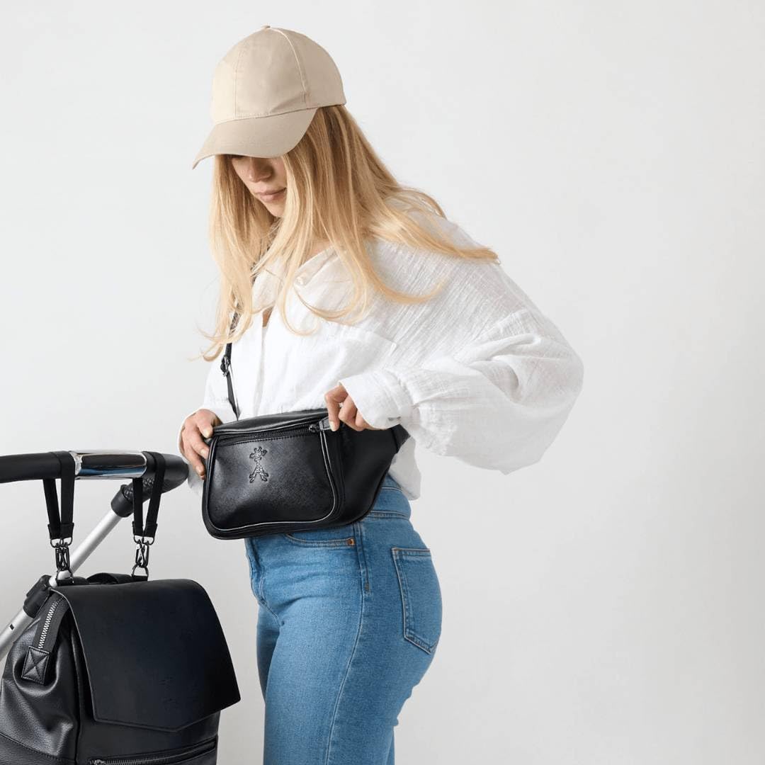 Gigil Inka Buggy-Organizer und Crossbody-Tasche aus veganem Leder – wasserabweisend mit 4 Fächern und Schnellzugriffstaschen – Feuchttasche – Kinderwagen-Organizer (Mitternachtsschwarz)
