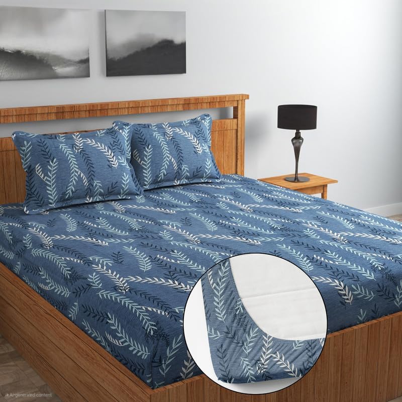 Image of Blue Strip Polycotton Fitted Bedsheet, King 72x78 (Grey White Leaf) | 300 TC | All-Round Elastic Grip | Soft, Breathable & Colourfast | Wrinkle Resistant | Machine Washable