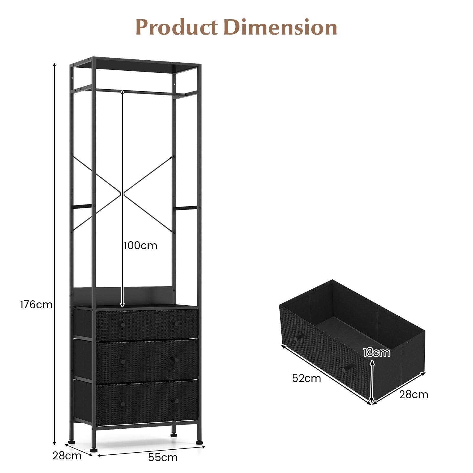 HOMASIS Appendiabiti da Terra con 3 Cassetti in Tessuto, Stand Appendiabiti in Legno e Metallo con Piedi Regolabili, Appendiabiti da Ingresso, Camera da Letto, 55 x 28 x 176 cm (Nero)