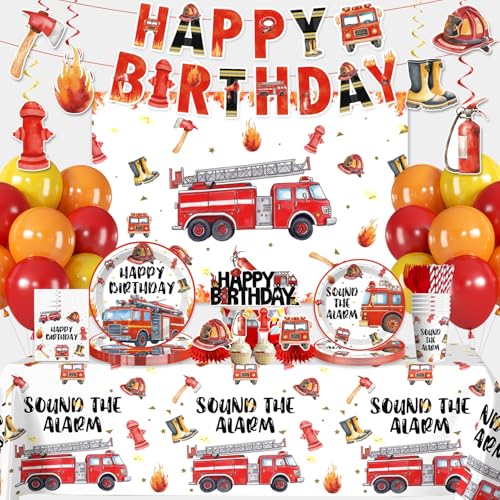 206Pcs Firetruck Birthday Decorations for Boys Firefighter Party All-in-One Kit Serves 25 Includes Fire Truck Plates and Napkins Set Backdrop Banner Tablecloth Balloons Cupcake Toppers