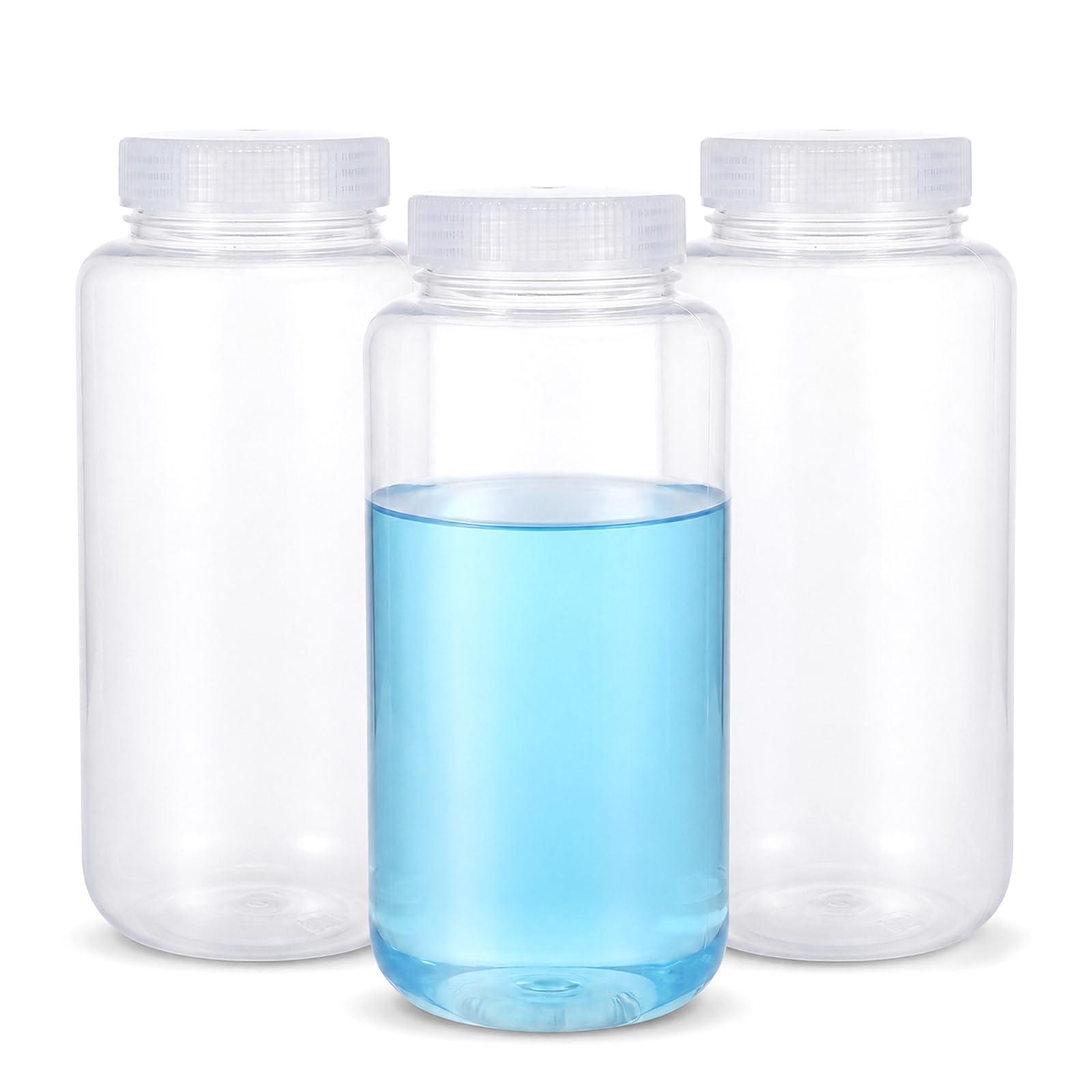 METAPACK 34 oz/1liter Wide Mouth Plastic Bottles with Airtight Lids, Food Grade PP Sample Containers, Leakproof for Water, Lab Liquids, Medicine and Powder Storage, Clear, 3 Pack