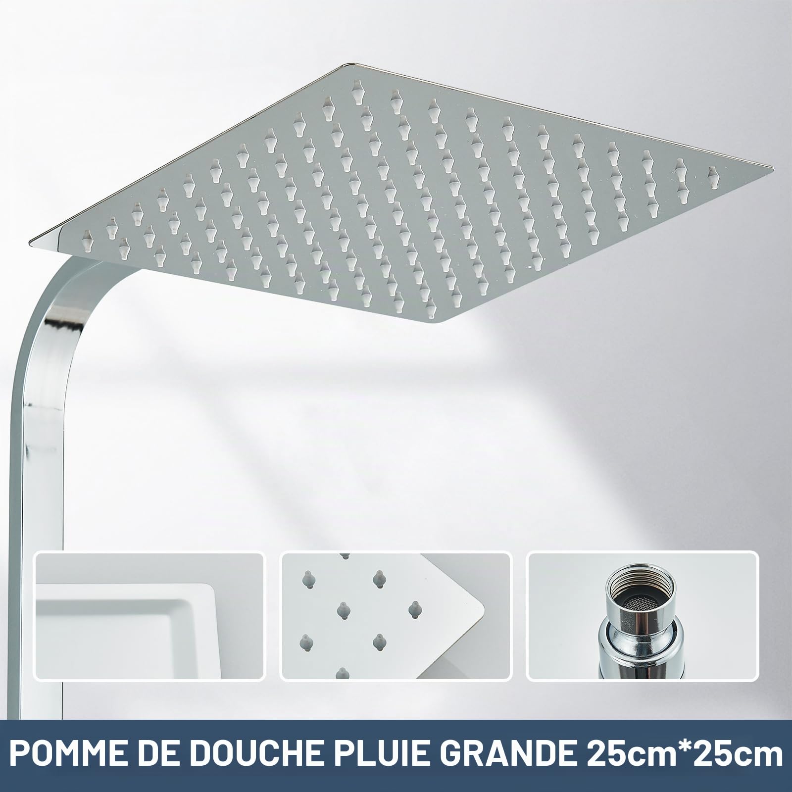 Thermostatique Colonne de Douche Chromé avec Mélangeur Réglable en Hauteur Ensemble de Douche 25x25cm Pluie Pommeau de Douche Carré avec Douchette à Main Acier Inoxydable