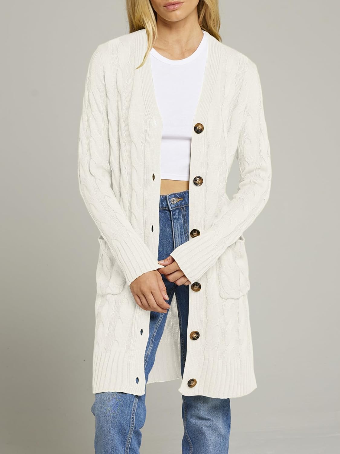 MEROKEETY Women's 2025 Long Sleeve Cardigan Sweater Fall Winter Cable Knit Open Front Button Long Outerwear - Image 7