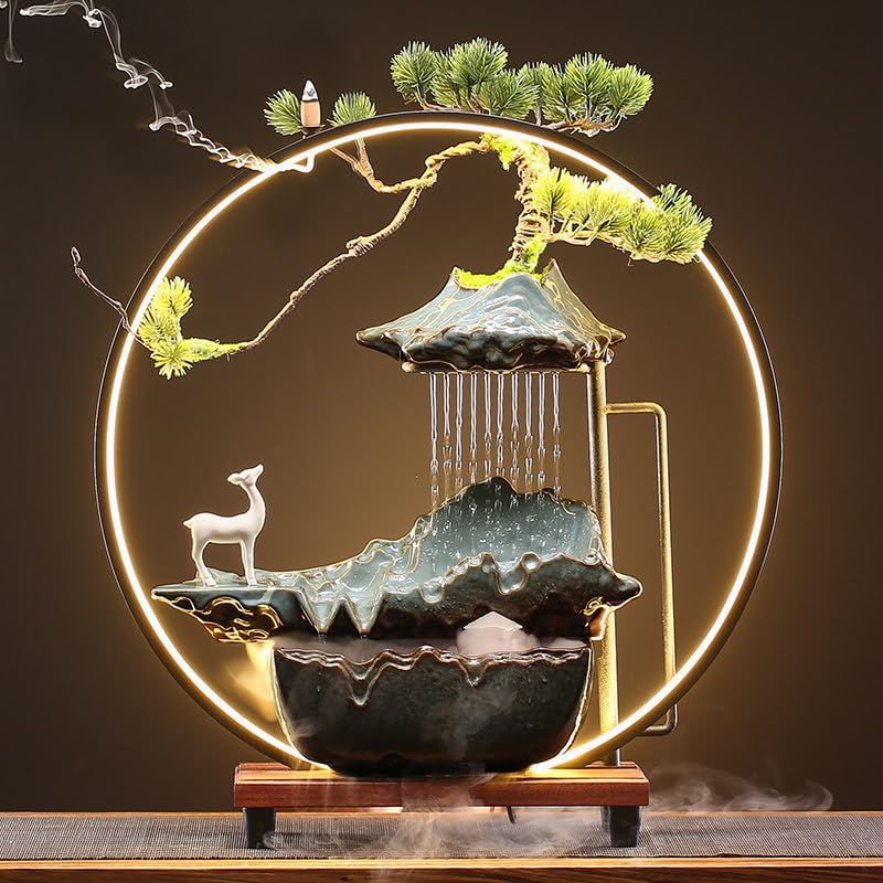 Fontaine D'intérieur Zen Avec Lumière LED - Cascade D'eau En Céramique Et Support Bonsaï - Décoration Apaisante Pour Maison Ou Bureau