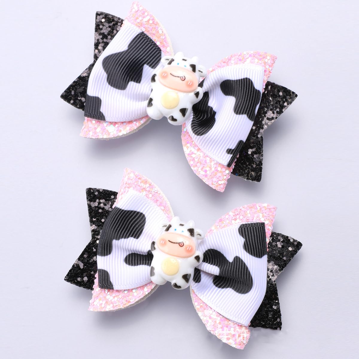 2Pcs Cow Print Hair Bow Clips - Black Glitter Handmade Satin Bowknot Cute Alligator Hair Barrettes New Year Party Hair Accessories for Toddler Teen Girls Kids (Black-Cow) - Image 4