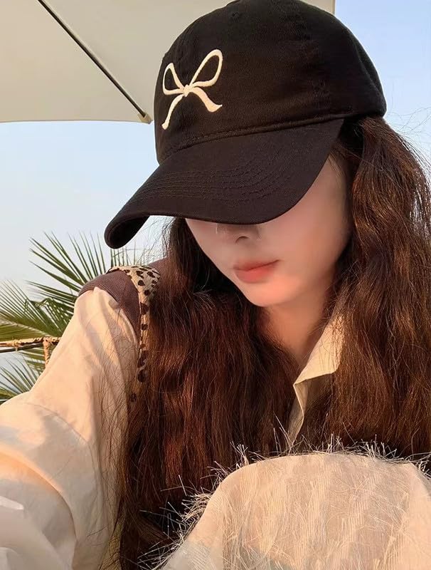 Image of Trendy Bow-Tie Baseball Cap for Women | Trucker Hats Y2k Adjustable Fashion Sun Hat with Visor for Hiking & Travel