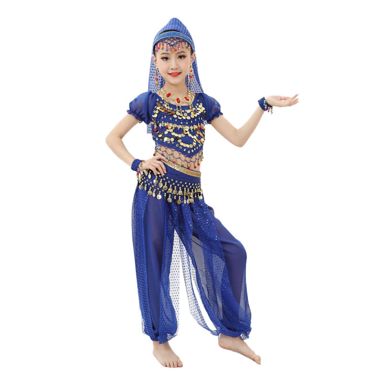 Children's Girls Belly Dance Costumes Kids Belly Dancing Cloth Kids Indian Cute Dance Costume Children's Day Sequin Outfits Girls Latin Dance Costumes Suitable for Stage Performance (Blue, 7-8 Years)