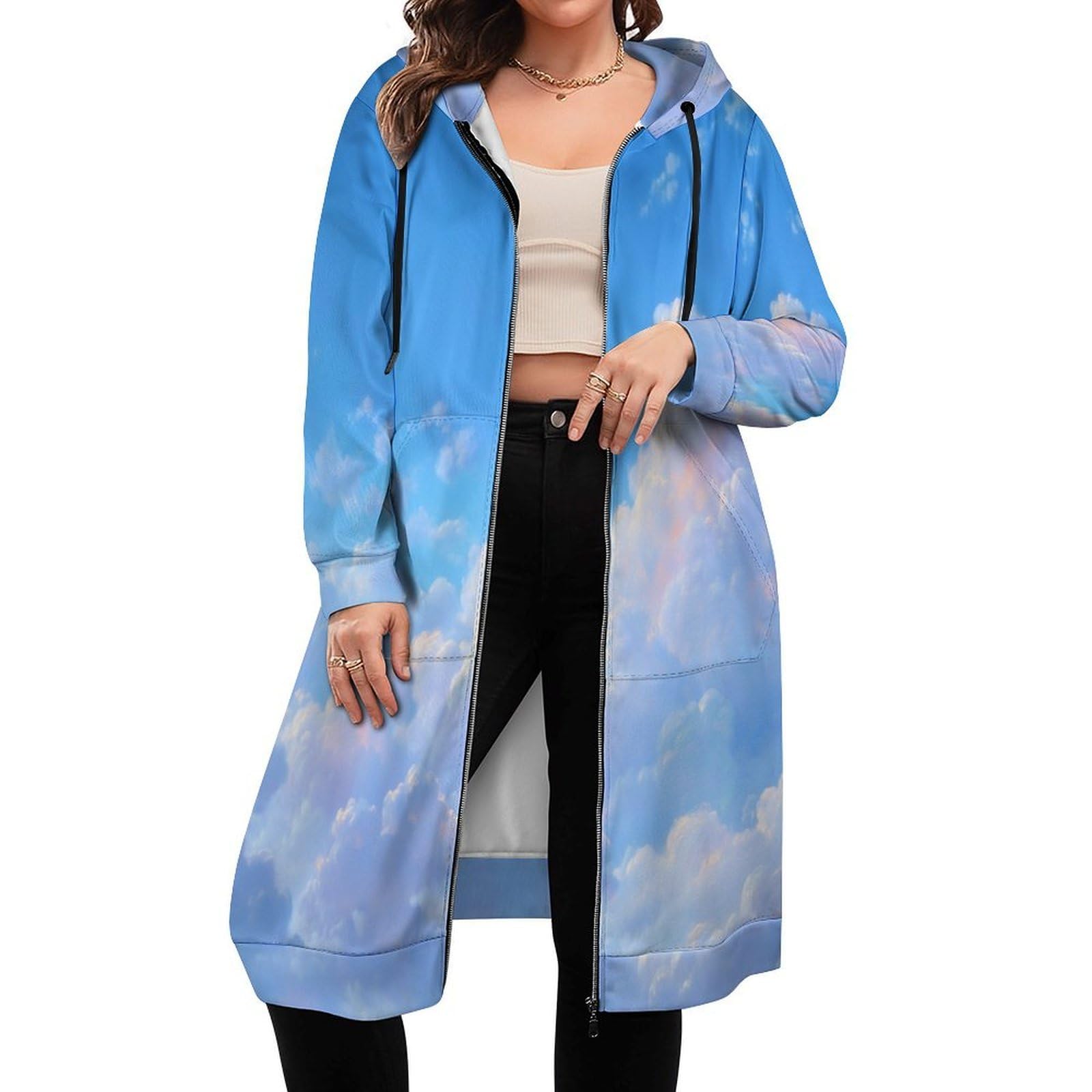 Felpa Donna con Zip Felpe Sportiva con Tasche E Cappuccio Design Soffice Nuvola Bianca Morbida Invernale Giacca Regolabile Azzurro Chiaro Confortevole per Uso Quotidiano Casual