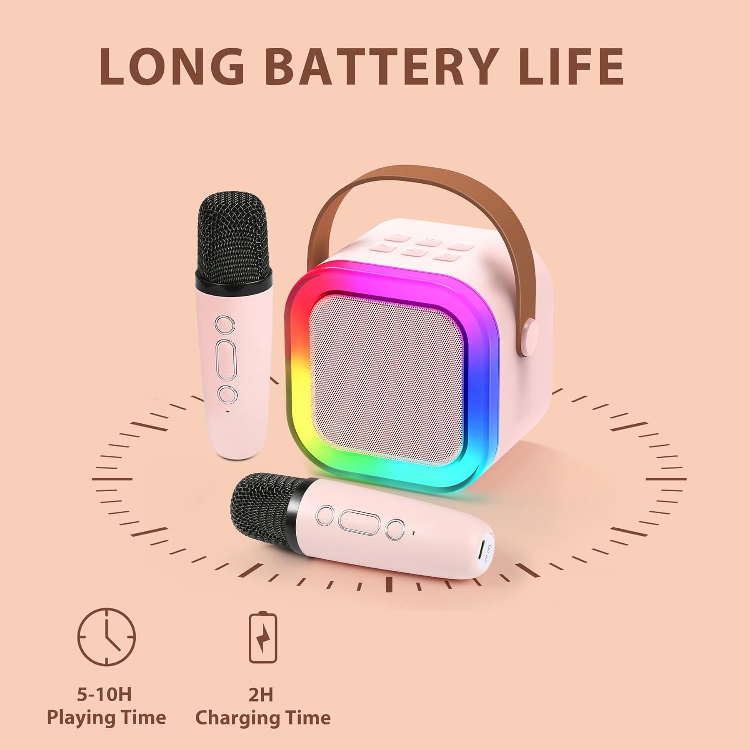 Karaoke Machine for Kids Adults, Mini Karaoke Machine with 2 Wireless Microphone, Portable Bluetooth Speaker with Voice Changing Effects & LED Lights, Best Gifts Toys for Girls and Boys - Image 3