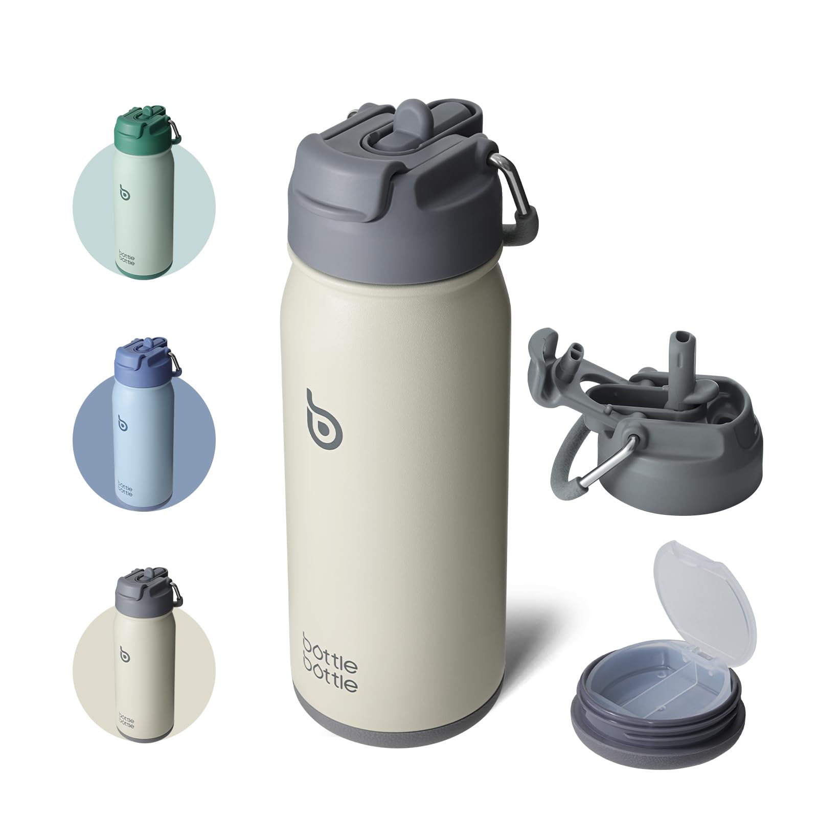 BOTTLE BOTTLE 水筒 500ml 子供 ステンレスボトル 直飲み スポーツボトル 2WAY蓋 ストロー付き 底部收纳 真空断熱 漏れ防止 男の子 女の子 魔法びん グレー