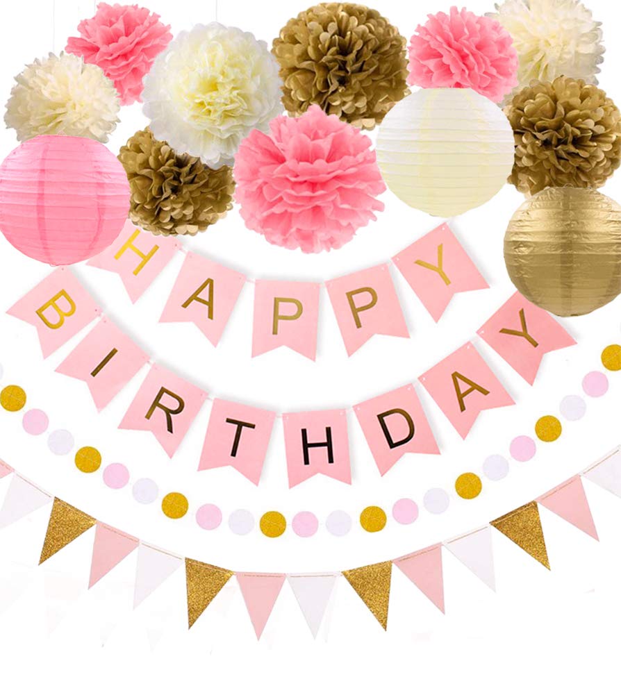meowtastic Birthday Party Decorations, Pink and Gold Decor Supplies Birthday Paper Garland Girl Decors Decorations Kit Pom Pom Lanterns Banner Party Supplies Backdrop, 15 Pcs
