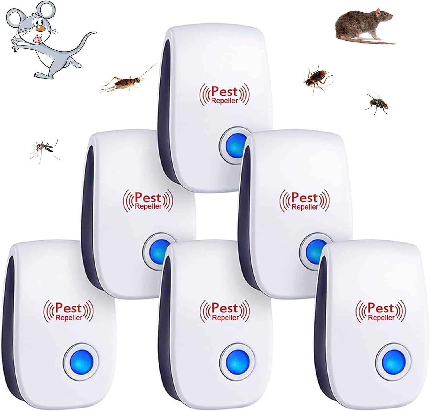 Mejorado!! Repelente Ultrasónico de Plagas 6 Pack Electrónico Control de Plagas Repelente Ultrasónico para Interior/Exterior Mosquitos Moscas Hormigas Ratones Cucarachas Arañas Roedores