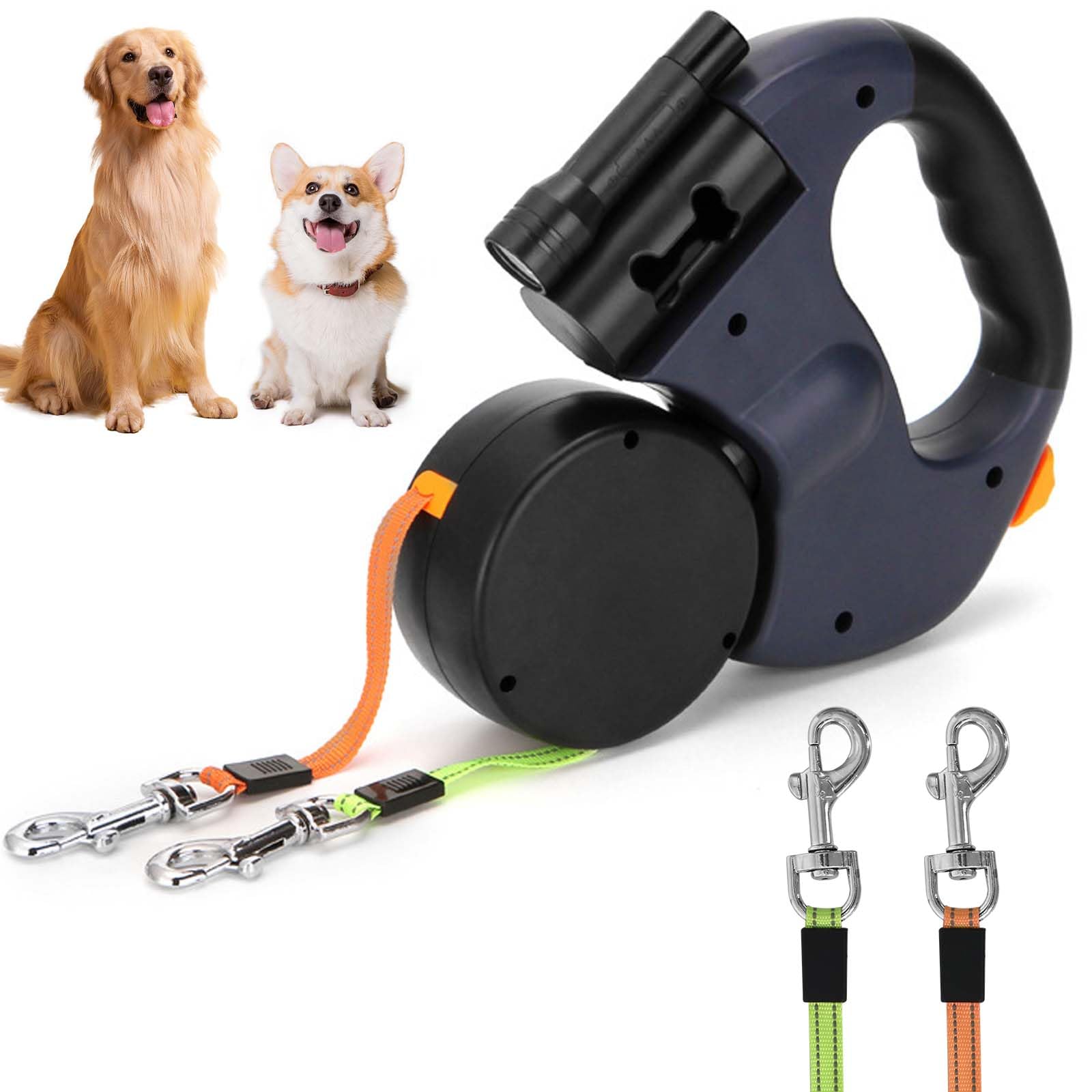 Doppelte Einziehbare Hundeleine 3m Flexible Rollleine mit LED Licht, Automatische Lange Hundeleine für 2 Hunde bis 15 kg, Rutschfester Griff, Robuste Ausziehleine Doppel Hundeleine für Kleine & Große