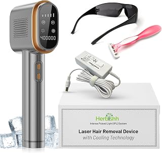 Herbishh IPL Laser Hair Removal Device, Painless Cooling Technology- 400,000 Flashes, Hair Removal Machine with 5 Intensity Levels, Skin Sensor & Dual Flash Modes- Manual & Auto, For Face & Body, Gray