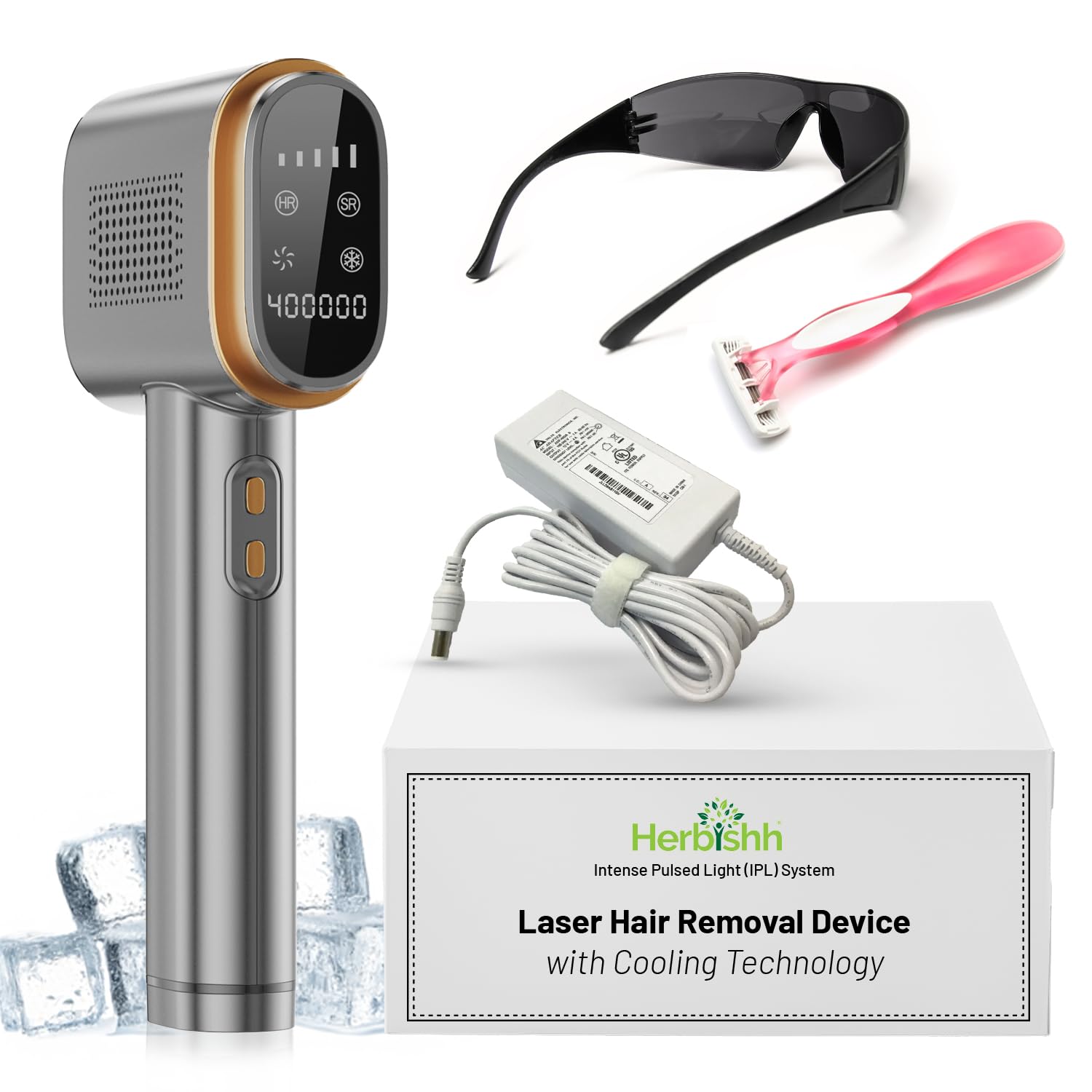 Herbishh IPL Laser Hair Removal Device, Painless Cooling Technology- 400,000 Flashes, Hair Removal Machine with 5 Intensity Levels, Skin Sensor & Dual Flash Modes- Manual & Auto, For Face & Body, Gray Herbishh IPL Laser Hair Removal Device, Painless Cooling Technology- 400,000 Flashes, Hair Removal Machine with 5 Intensity Levels, Skin Sensor & Dual Flash Modes- Manual & Auto, For Face & Body, Gray