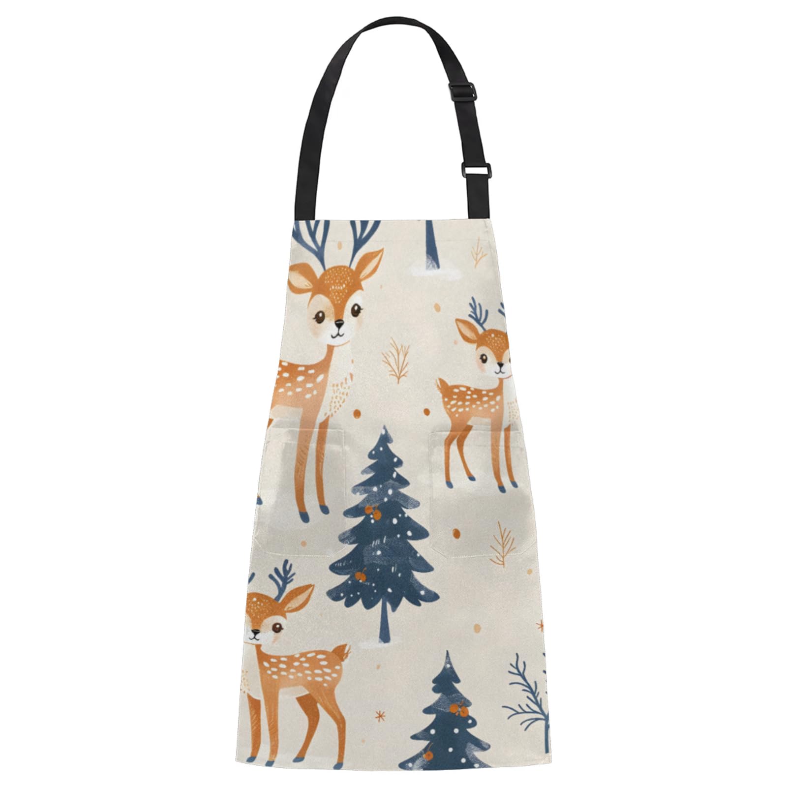 Aglebo Cute Watercolor Deer Christmas Tree Chef Apron with Pockets Adjustable Shoulder Strap Waterproof Cooking Apron for Kitchen Baking Gardening Pottery Painting