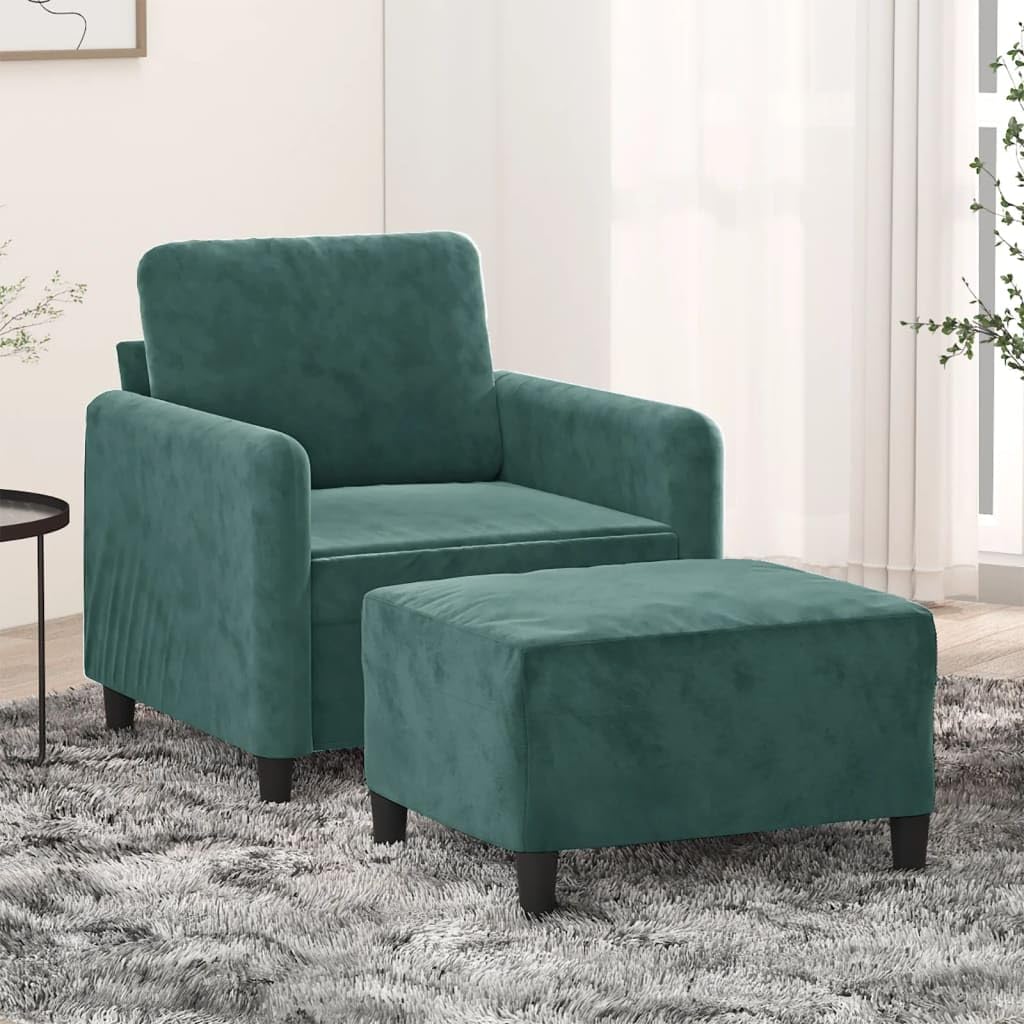 Fotel z taboretem ciemnozielony 60 cm aksamit, wytrzymały fotel relaksacyjny z podnóżkiem, wygodna tapicerowana sofa do salonu, sypialni, biura, maks. obciążenie 110 kg