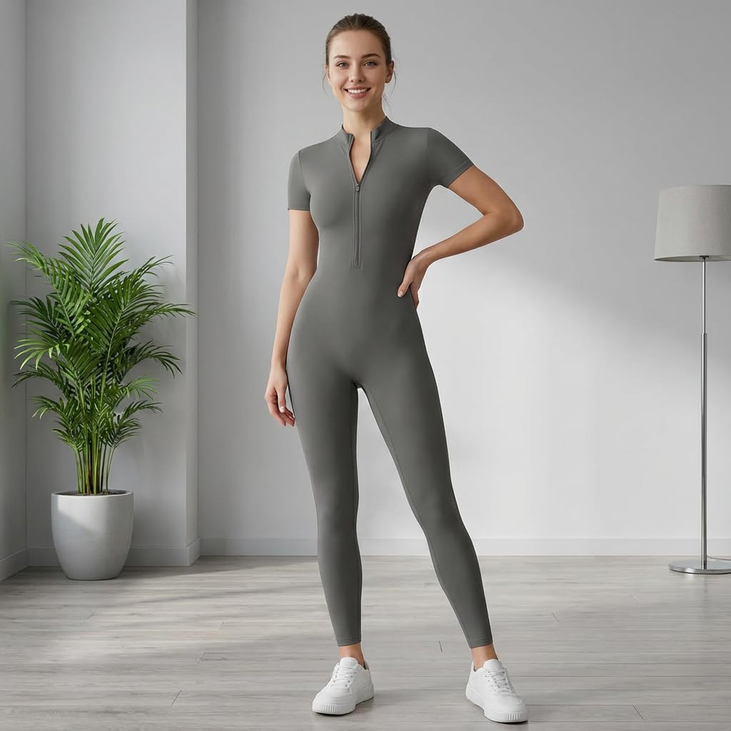 Traje de Yoga de Manga Corta para Mujer, Mono, Body Deportivo para Fitness al Aire Libre, Ropa de Entrenamiento-Gris-SG