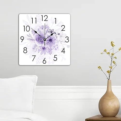 Miniatura 4 de Reloj de hora cuadrado de 15 pulgadas, funciona con pilas, silencioso, sin tictac, relojes colgantes de acuarela, rayos X, flores moradas, reloj de