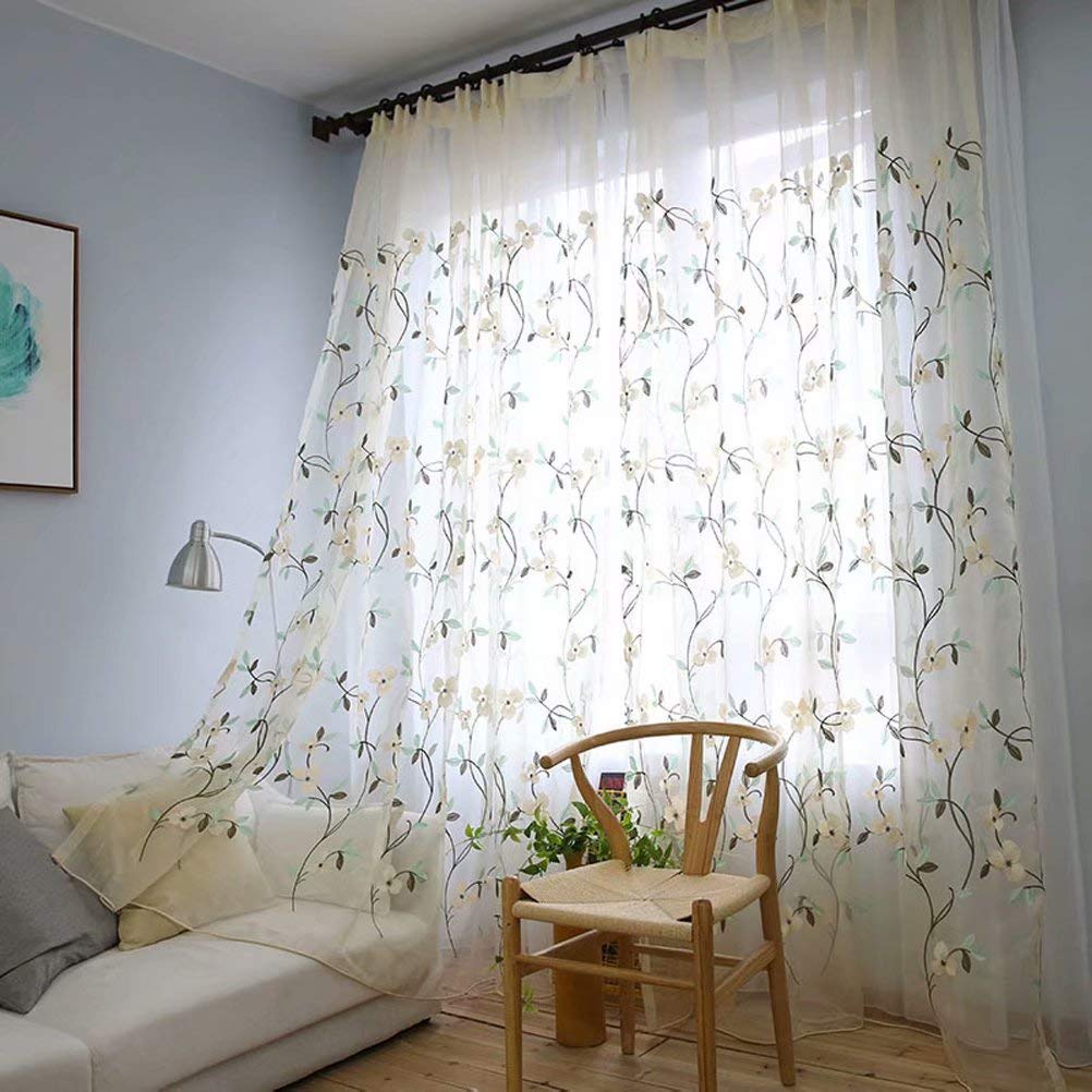 MacoHome Floral Embroidery Sheer Curtain White Bedroom Voile Curtain Decorative Grommets Living Room Window Drapes with 2 Panels(Yellow, 42" W x 96" L)
