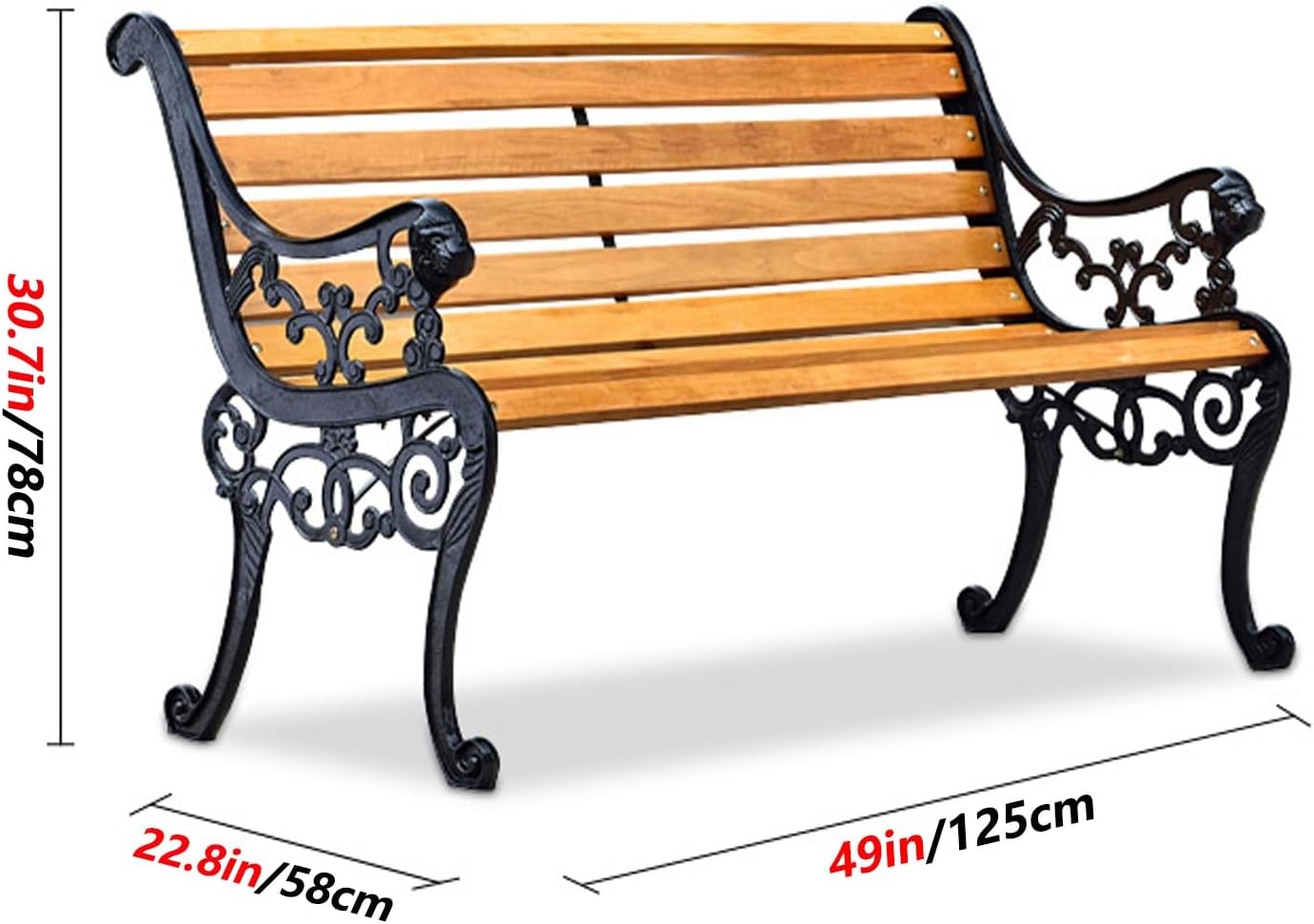 Metal Garden Bench - Cast Iron & Wood Outdoor Park Bench with Backrest & Armrests, Comfortable Slatted Natural Wood Seat for Patio, Garden, Indoor Use (C, 49"x22.8"x30.7")