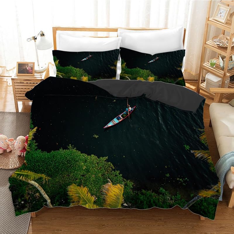 Housse de couette 220x240 bateau vert foncé avec ses deux taies d'oreiller 65x65 en microfibre