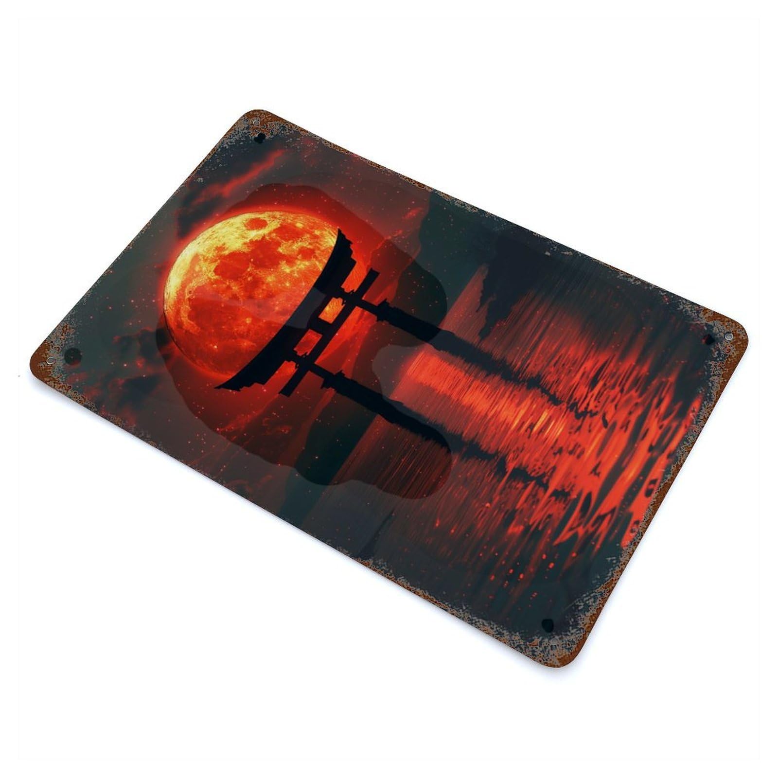 Blood Moon Torii Gate Vintage Rust Metal Sign 11.8"x7.9", for Pub, Kitchen And Man Cave Decor, Rustic Home Decor
