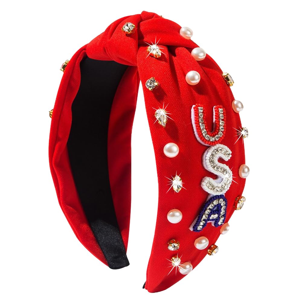 Gosuoa 4th of July Headband for Women, White Red and Blue Rhinestone USA Headbands, Wide Knotted Fourth of July Patriotic Headband Independence Day