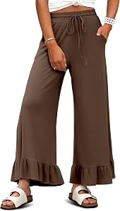 KISSMODA Womens Palazzo Lounge Pants Drawstring Elastic High Waisted Ruffle Hem Wide Leg Pants with Pockets