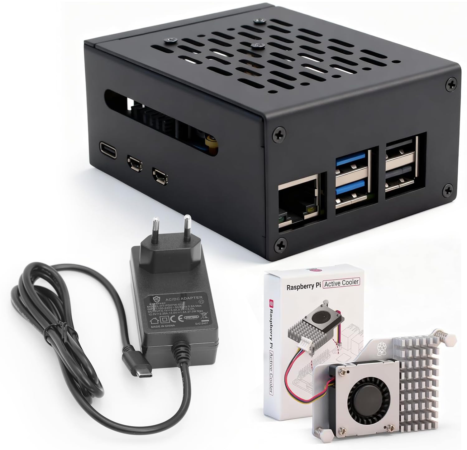 Metallgehäuse PCIe M.2 NVMe Set für Raspberry Pi 5 |Netzteil 27W | Active Cooler, Ideal für M.2 NVMe SSD PCIe Board(Raspberry Pi 5 Platine Nicht enthält)