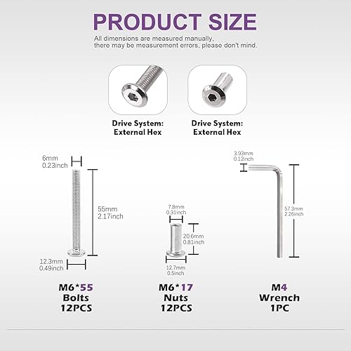 Vista 32 de Swpeet Juego de 25 tornillos de fijación plateados chapados en níquel M6x25mm, tornillos hexagonales, tuercas de barril con 1 llave Allen, poste