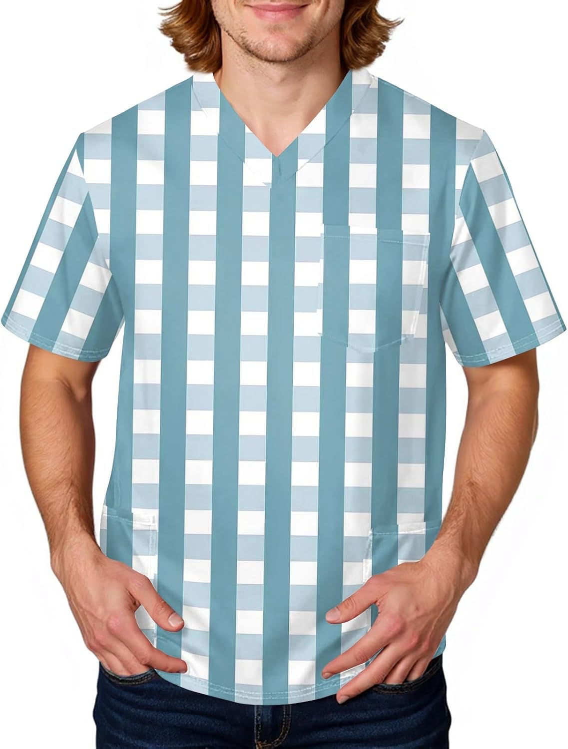 RTRDE Men's Plaid Print Short Sleeve V Neck Athletic Fit Uniform Scrub Top with Pockets, S-5XL