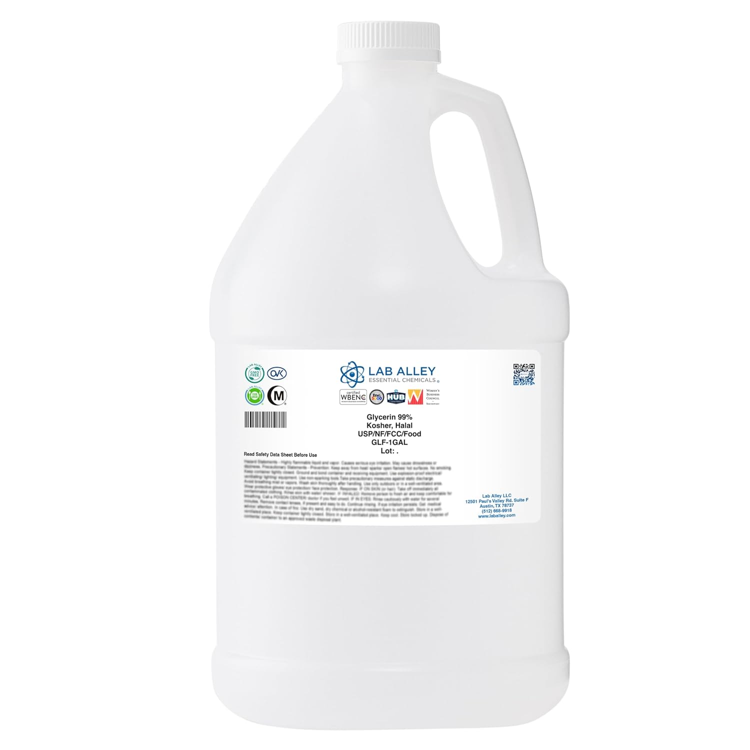 Lab Alley Glycerin USP/NF/FCC Grade, Kosher Certified, Halal, GMO-Free - 1 Gallon