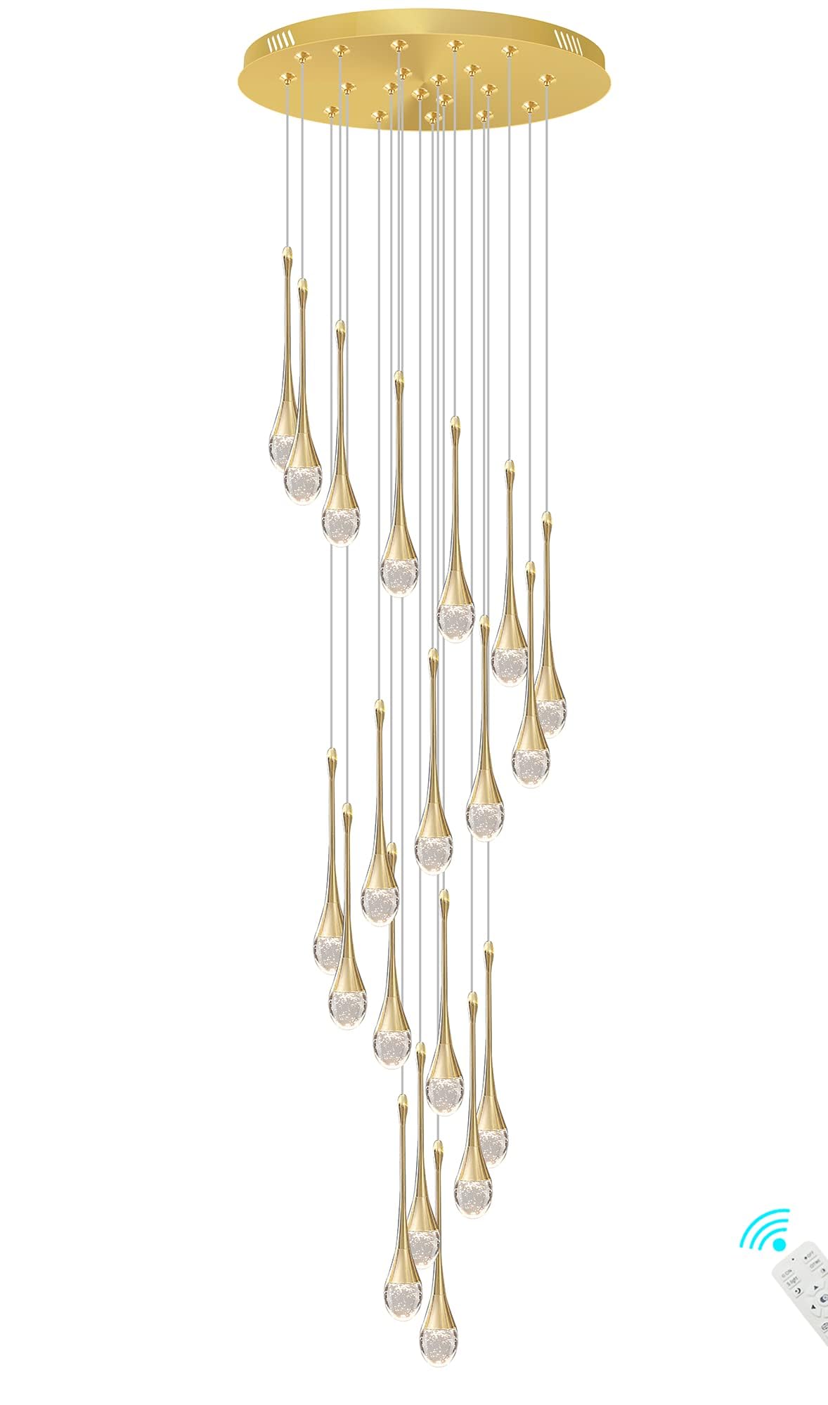 Gold Spiral Raindrop Crystal chandelier,Modern 3000-6000K Dimmable LED Staircase Pendant Light,20-Light chandeliers Ceiling Light for The Villa,Stairwells Duplex Building and Living Room,140''/355cm
