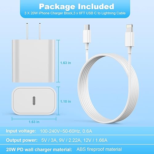Miniatura 5 de Cargador rápido USB C de 20 W, paquete de 3 bloques de cargador de pared tipo C con cable Lightning tipo C de 6 pies de largo, compatible con iPhone