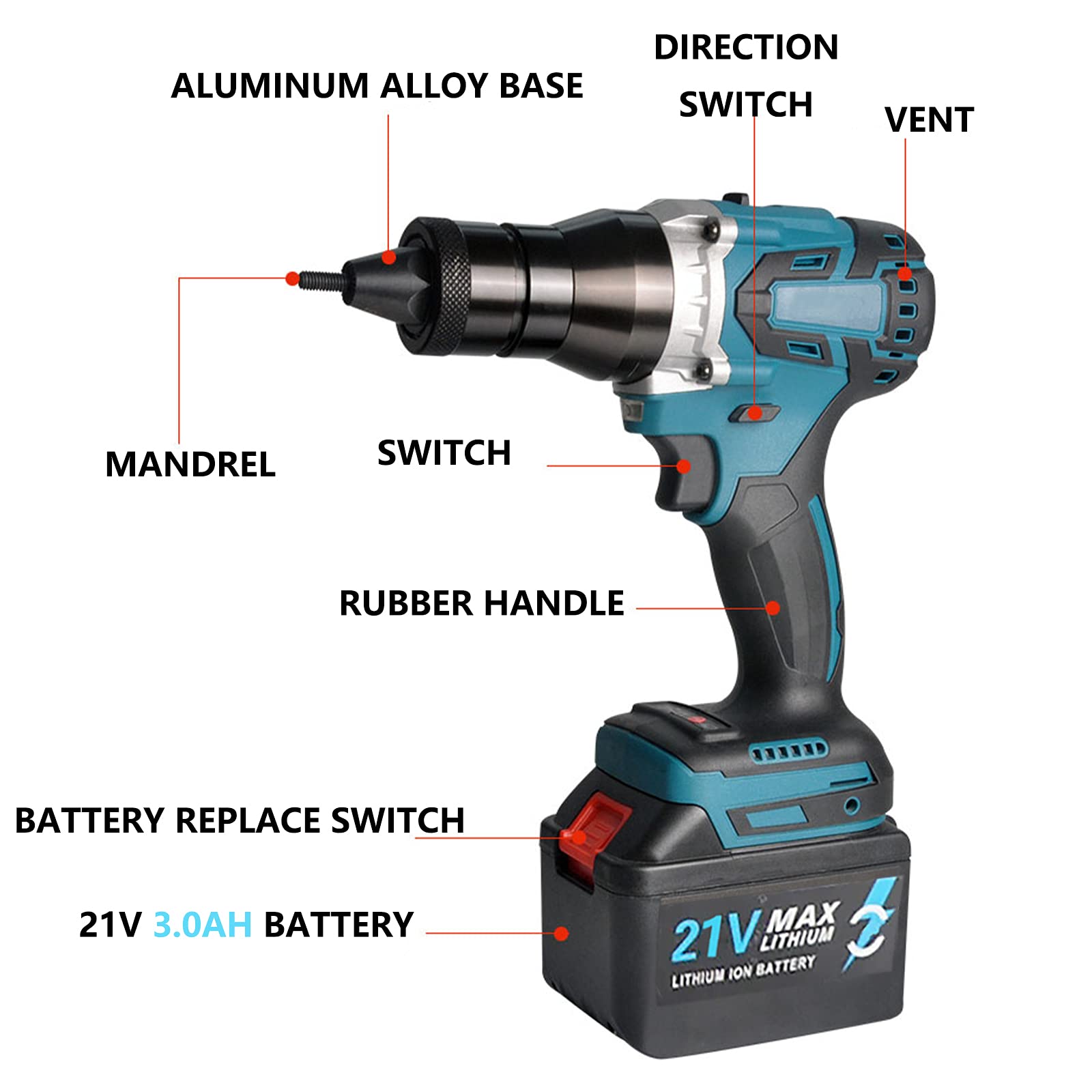 Pince à Rivets Sans Fil Pistolet à Rivets Sans Fil Makita 18V - 20000N De Force - Riveteuse Aveugle électrique Professionnelle Pistolet Rivets Sans Fil Pour Batteries Makita Lxt