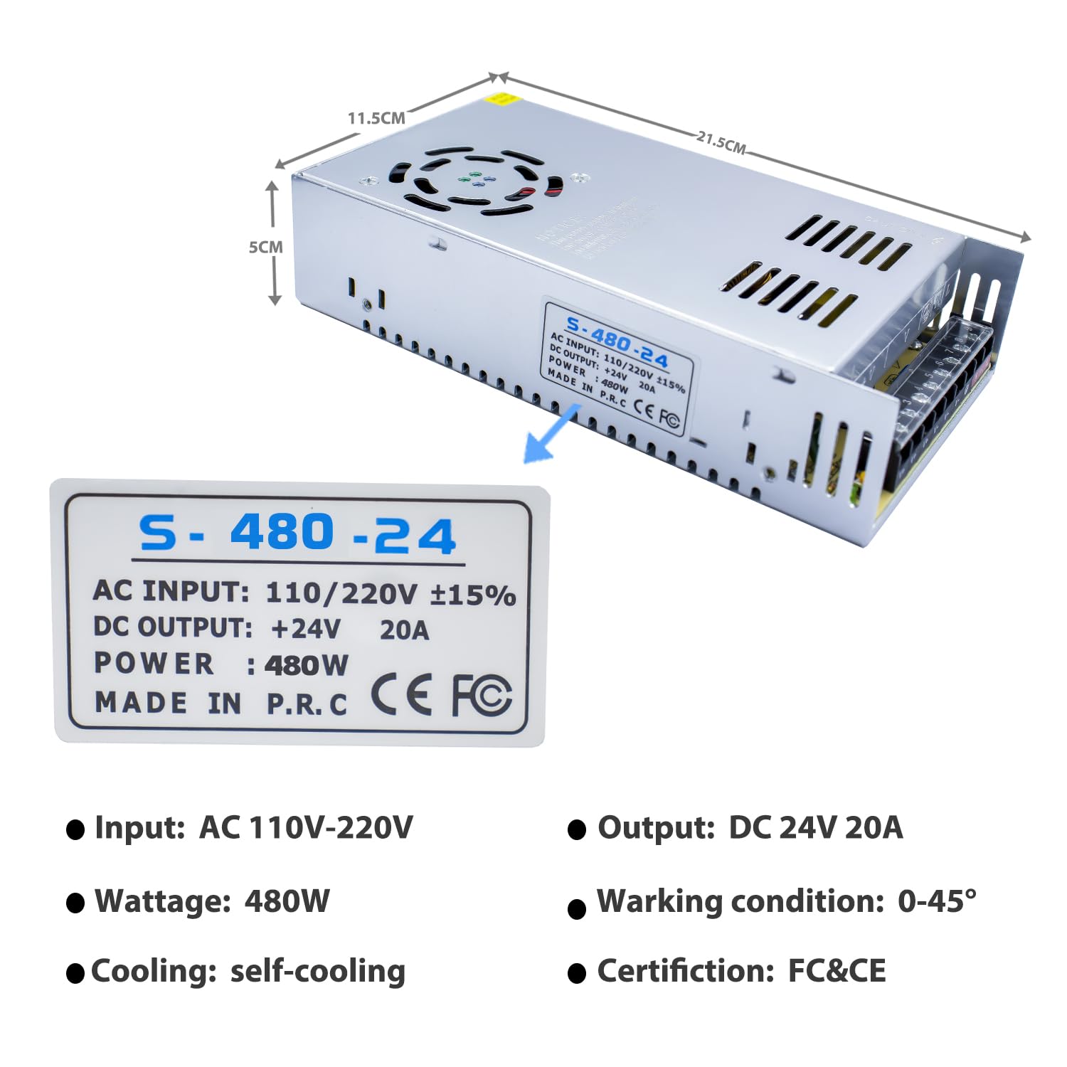 Zasilacz Impulsowy 24V 20A 480W AC/DC - Transformator Sieciowy do DC 24V 20A 480W, do Taśm LED