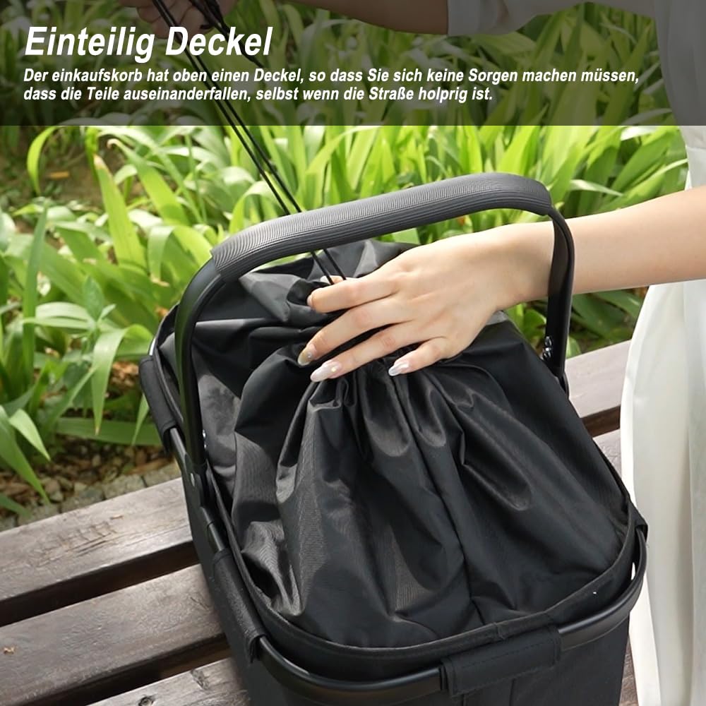 Diurwur® Cesta plegable de 30 l para la compra con tapa, cesta de picnic grande con asas acolchadas, cesta plegable con marco de aluminio, cesta estable, ideal para viajes, picnics, compras, regalo