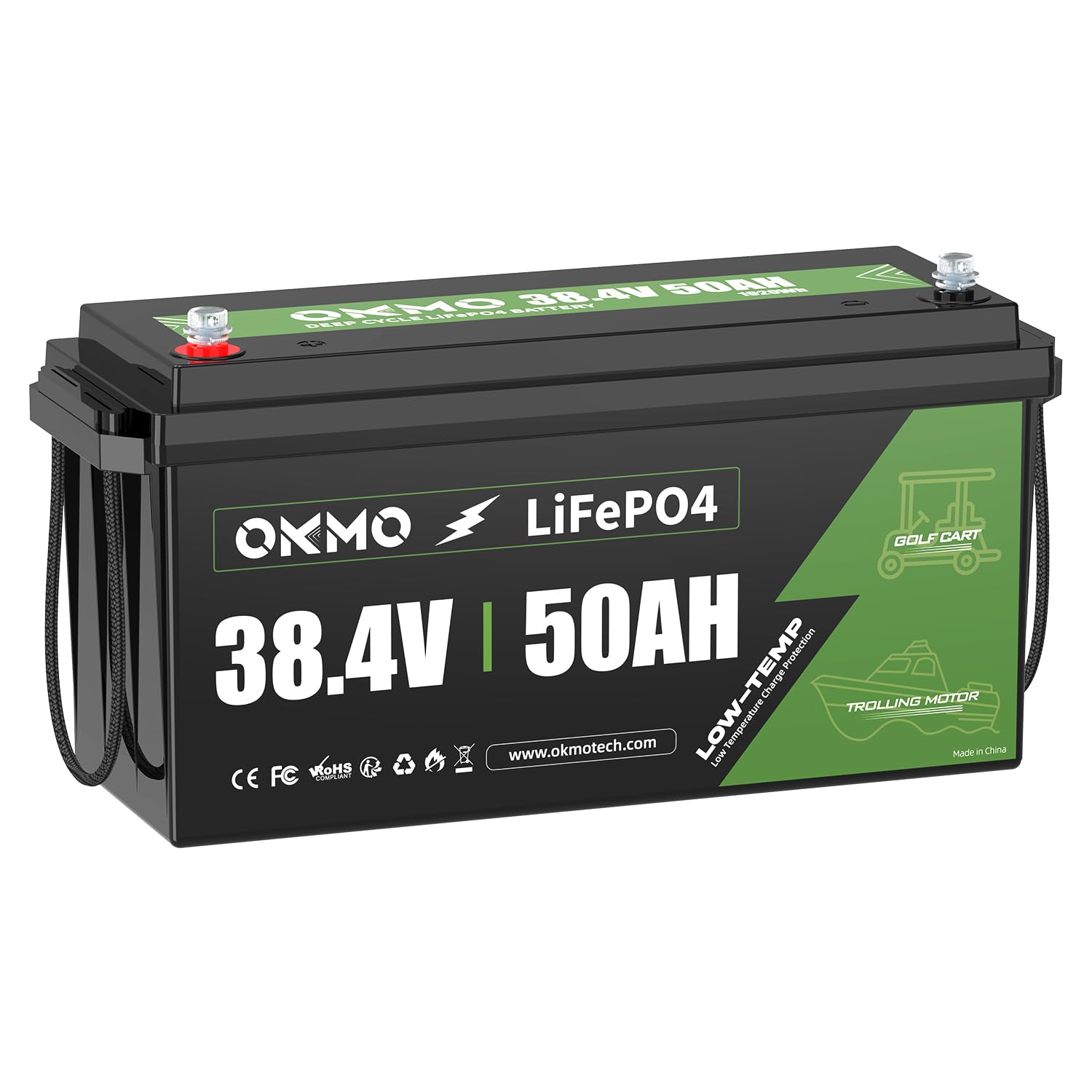 OKMO 36V 50Ah Trolling Motor LiFePO4 Lithium Battery with 100A BMS Low-Temp Protection for 36V Trolling Motor