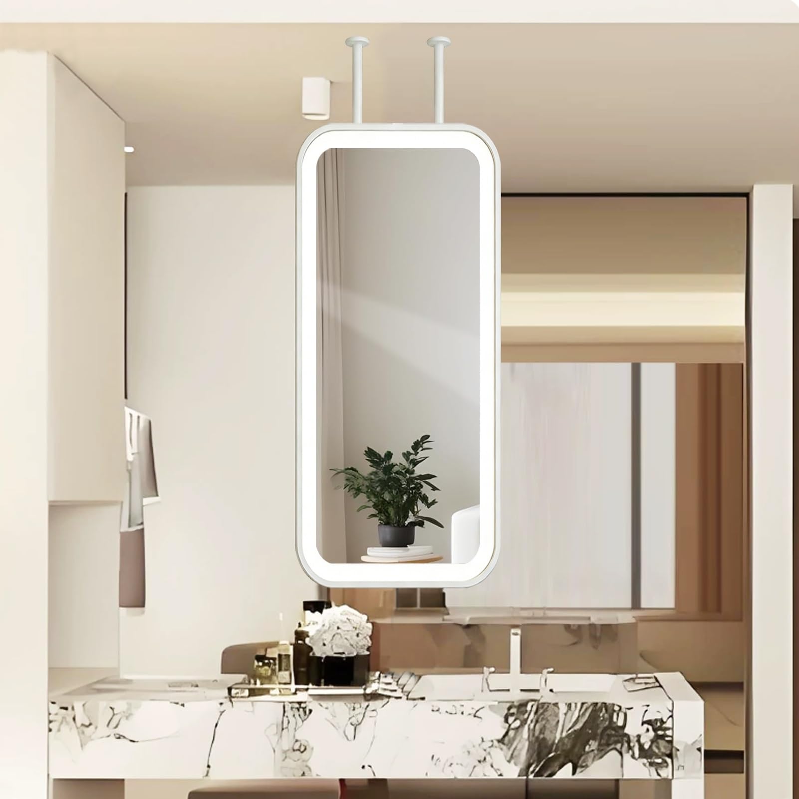 FGXHHS Rectangle LED Mirror Ceiling Mounted Mirrors｜Metal Hanging Lighted Suspended Bathroom Vanity Makeup Mirrors for Hotel Bedroom，Entrance，Home Decoration(40cmx70cm)