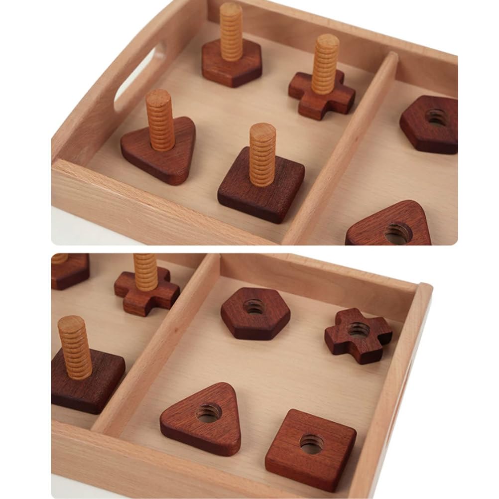 Montessori Holzschrauben-Formzuordnung-Set mit geteiltem Buchenholztablett, Kleinkind-Drehmutter-Bolzen-Förderungsspielzeug für die Feinmotorik